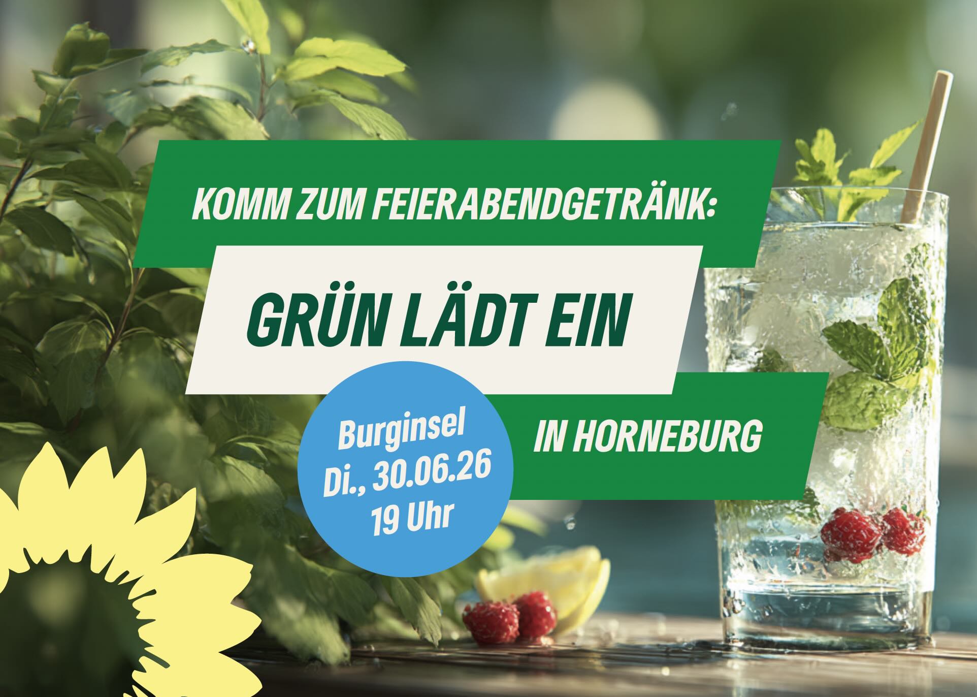 Einladung von den Grünen Horneburg zum Feierabendgetränk am 30.06.2026, ab 19 Uhr